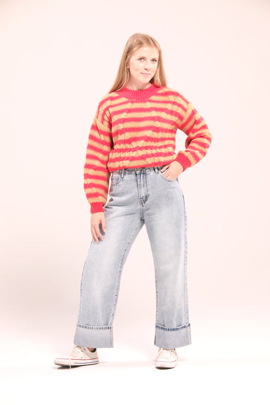 Jersey de rayas en naranja y beige de punto grueso