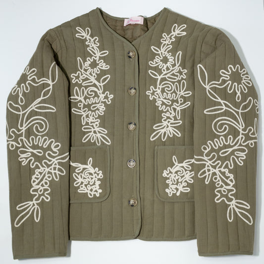 Chaqueta bordada verde oliva con diseño floral