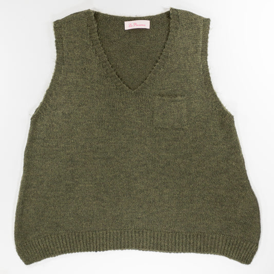 Chaleco de punto verde oliva con escote en pico
